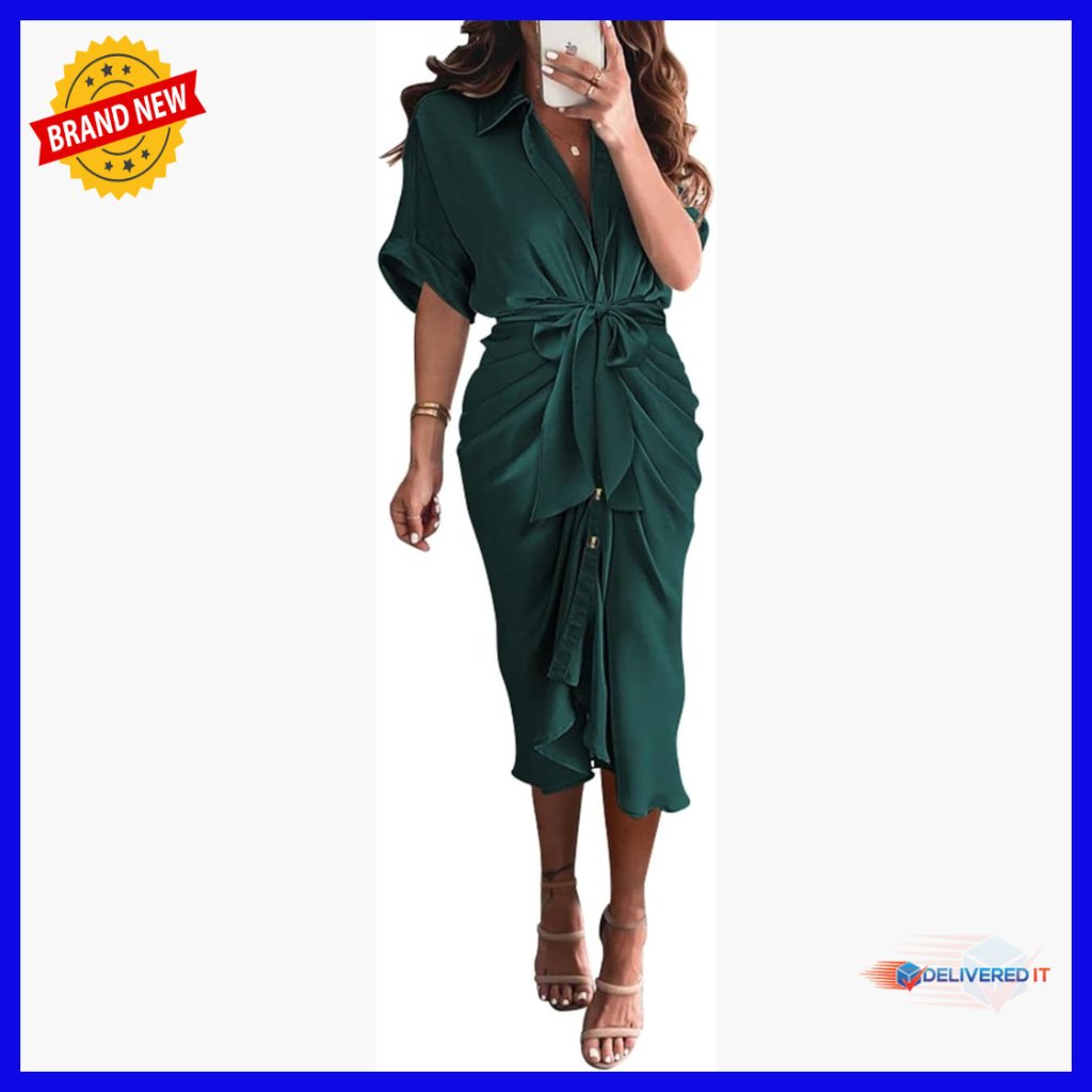 Silk Satin Maxi Dress Button Down Shirt Style Ruched Waist Cocktail Wedding